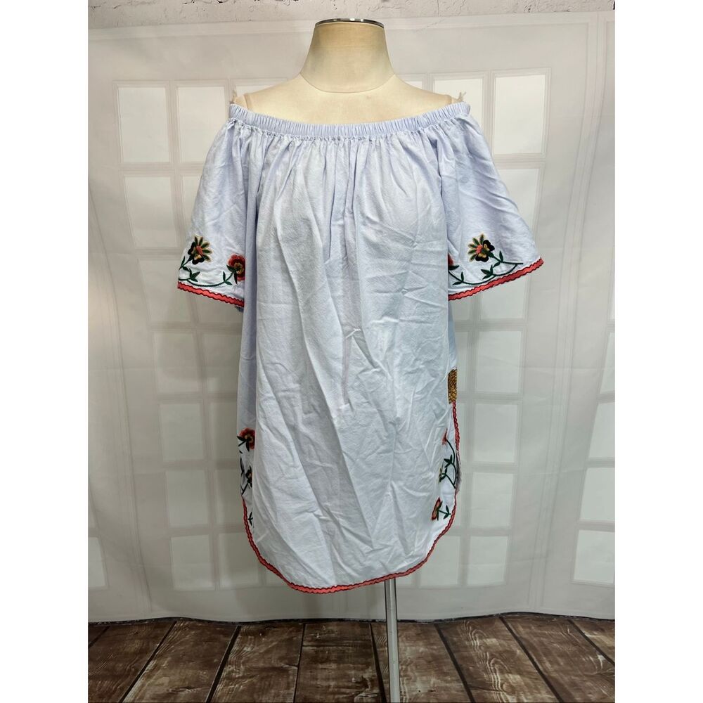 Zara light blue embroidered trim off the shoulder mini summer dress size small - Picture 3 of 12